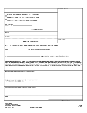 California Notice of Appeal for Labor Commissioner Decision