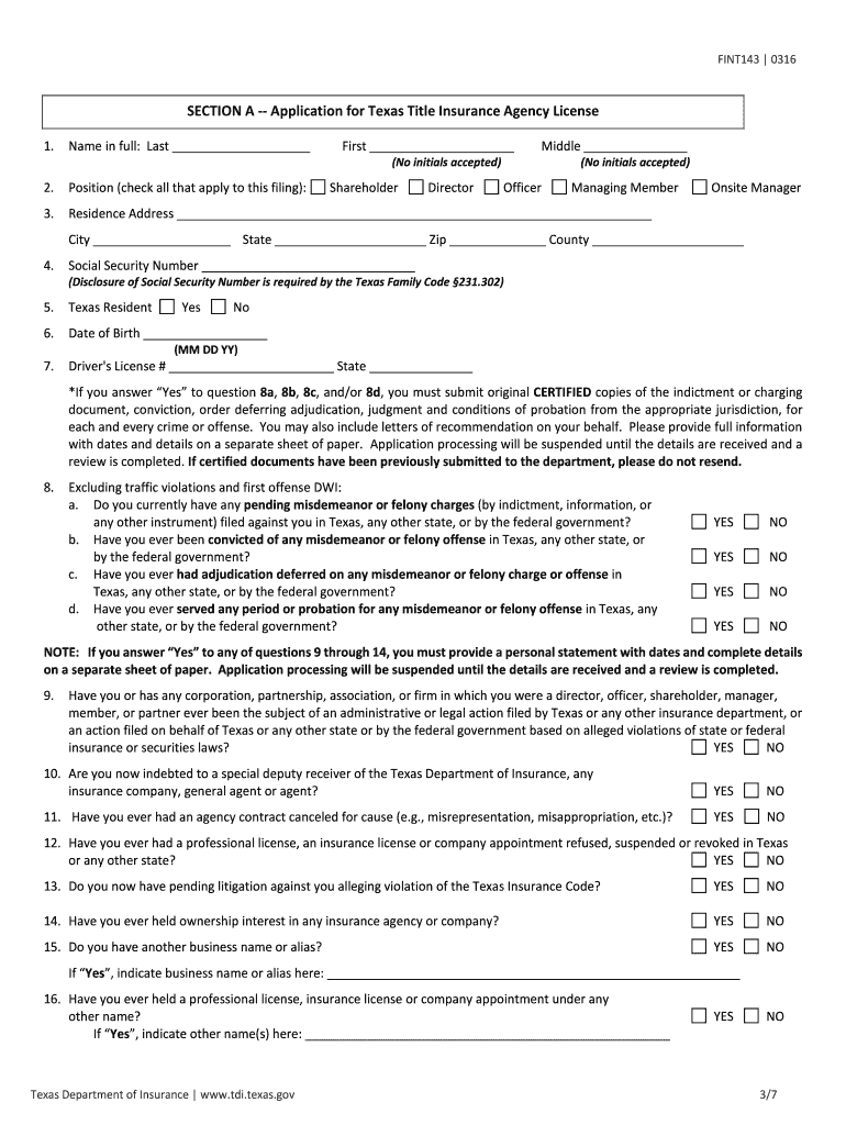 Fillable Online tdi texas Application for Texas Title Insurance Agents