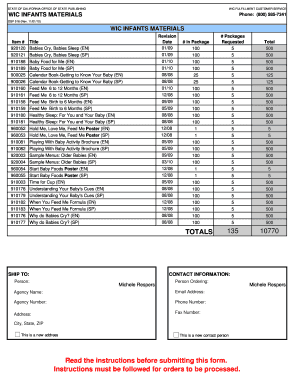 California WIC Infants Materials Order Form