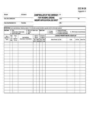 Fair Housing Lending Inquiry Application Log Sheet