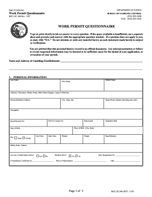 California Gambling Work Permit Questionnaire