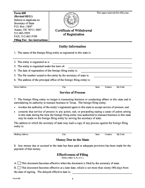 Texas Certificate of Withdrawal of Registration