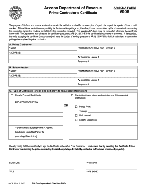Arizona Prime Contractor's Certificate 5005