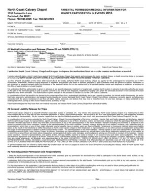 2015 Medical Form Minor - northcoastcalvary