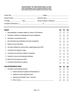California Pesticide Management Course Evaluation Form