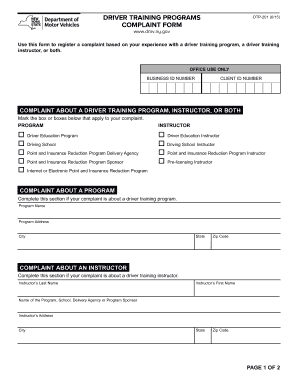 New York Driver Training Program Complaint Form
