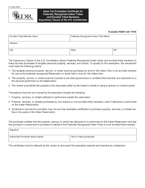 Sales Tax Exemption Certificate for Federally Recognized Indian Tribes
