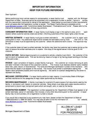 Michigan Motor Vehicle Repair Facility Registration Application