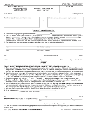 Michigan Request and Order to Seize Property