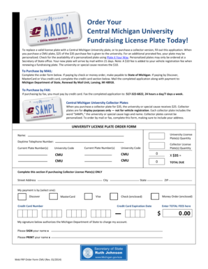 Central Michigan University Fundraising License Plate Application