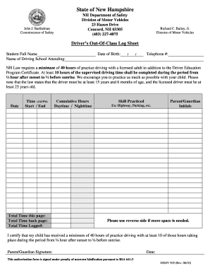New Hampshire Driver's Out-Of-Class Log Sheet