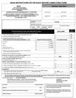 City of Bethlehem Business Privilege and Mercantile Tax Return