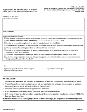 New York Business Corporation Name Reservation Application