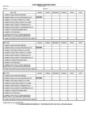 Five Day Consolidated Meal Count Form