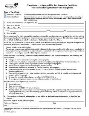 Manufacturer’s Sales and Use Tax Exemption Certificate