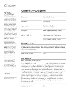 Club Invention Afterschool Program Registration Form