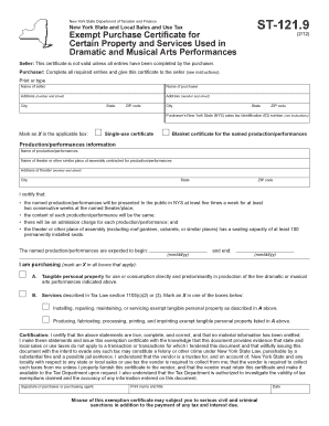 New York Exempt Purchase Certificate for Dramatic and Musical Arts Performances