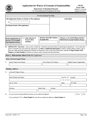 USCIS Form I-690 Waiver of Grounds of Inadmissibility