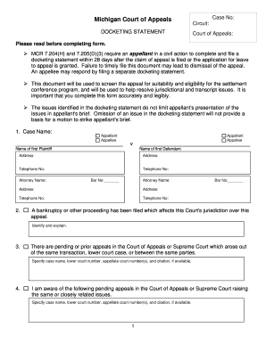 Michigan Court of Appeals Docketing Statement