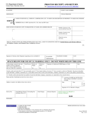 US Marshal Service Process Receipt and Return Form