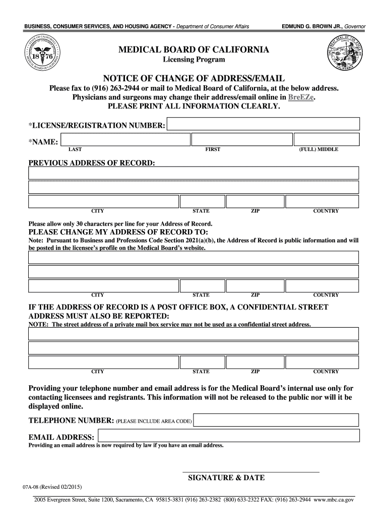Fillable Online mbc ca MEDICAL BOARD OF CALIFORNIA CHANGE OF ADDRESS