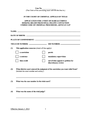 Texas Habeas Corpus Application for Felony Conviction