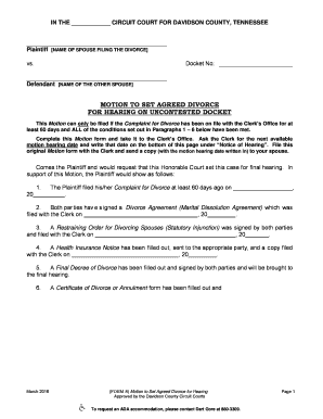 Motion to Set Agreed Divorce for Hearing