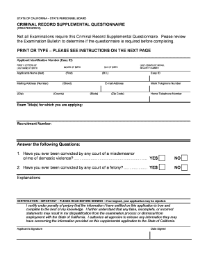 California Criminal Record Supplemental Questionnaire