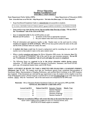 Oklahoma Driver Education Student Enrollment Card
