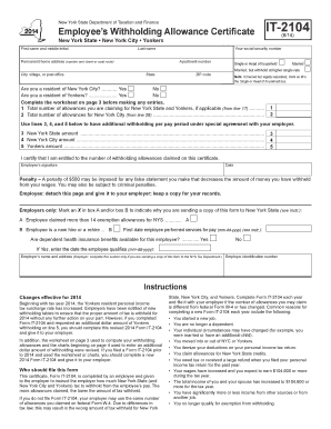New York State Employee Withholding Allowance Certificate IT-2104