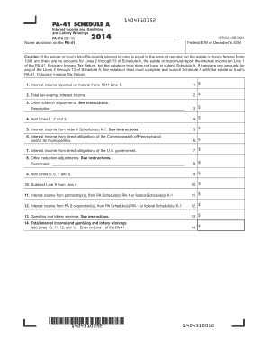 PA-41 Schedule A Interest Income and Gambling Winnings Form