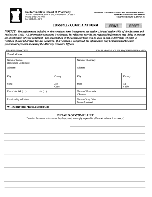 California Pharmacy Consumer Complaint Form