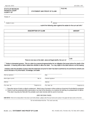 Michigan Probate Court Statement and Proof of Claim