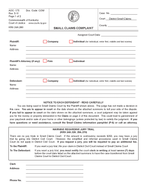 Kentucky Small Claims Complaint Form