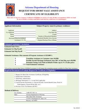 Arizona Short Sale Assistance Certificate of Eligibility
