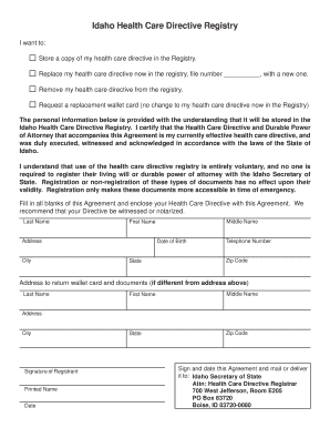Idaho Health Care Directive Registration Form