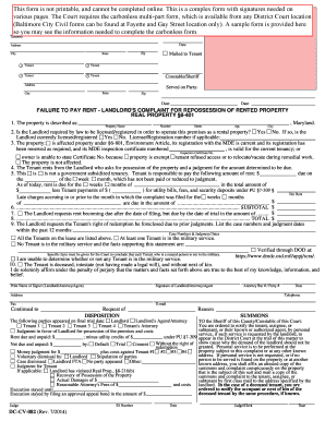 Failure to Pay Rent - Landlord's Complaint for Repossession of Rented Property
