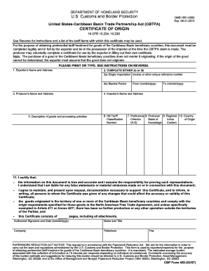 US Caribbean Basin Trade Partnership Act Certificate of Origin