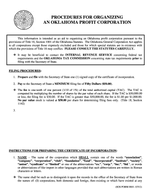 Oklahoma Profit Corporation Certificate of Incorporation
