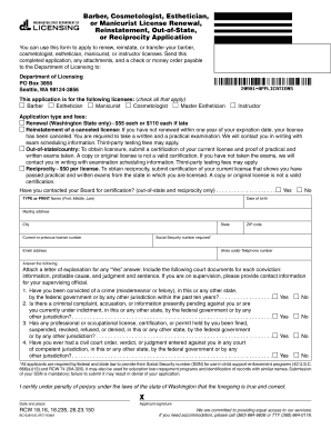 Washington Barber, Cosmetologist, Esthetician, or Manicurist License Renewal, Reinstatement, Out-of-State, or Reciprocity Application