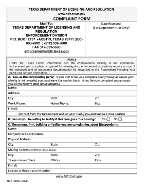 Texas Department of Licensing and Regulation Complaint Form