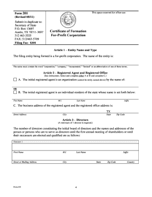 Texas Certificate of Formation For-Profit Corporation