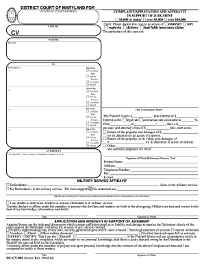 Complaint Application and Affidavit in Support of Judgment