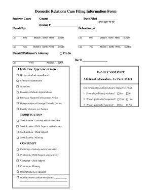 Domestic Relations Case Filing Information Form