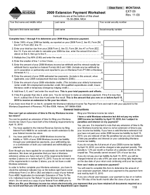 Montana 2009 Extension Payment Worksheet