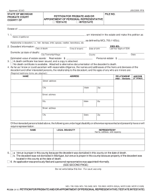 Michigan Probate Court Petition for Probate and Appointment of Personal Representative