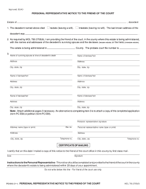Personal Representative Notice to Friend of Court