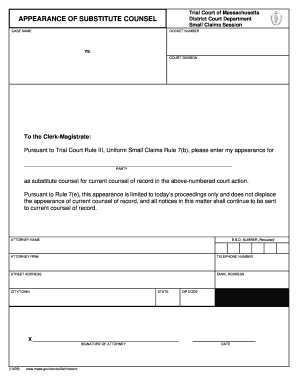 Massachusetts Substitute Counsel Appearance Form