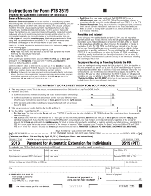 California Form FTB 3519 Payment for Automatic Extension