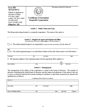 Texas Nonprofit Corporation Certificate of Formation